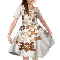 Vintage Hawaii Family Matching Puletasi Dress and Hawaiian Shirt Hawaiian Quilt Kapa Mismatch Beige LT7 Daughter's Dress Beige - Polynesian Pride