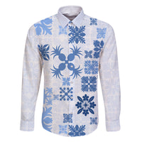 Vintage Hawaii Family Matching Tank Maxi Dress and Hawaiian Shirt Hawaiian Quilt Kapa Mismatch Blue LT7 Dad's Shirt - Long Sleeve Blue - Polynesian Pride