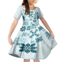 Vintage Hawaii Family Matching Off Shoulder Long Sleeve Dress and Hawaiian Shirt Hawaiian Quilt Kapa Mismatch Teal LT7 Daughter's Dress Teal - Polynesian Pride