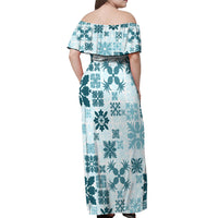 Vintage Hawaii Off Shoulder Maxi Dress Hawaiian Quilt Kapa Mismatch Teal LT7 - Polynesian Pride