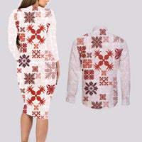 Vintage Hawaii Couples Matching Long Sleeve Bodycon Dress and Long Sleeve Button Shirts Hawaiian Quilt Kapa Mismatch Red LT7 - Polynesian Pride