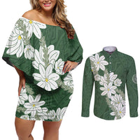 Ia Orana Tahiti Tiare Couples Matching Off Shoulder Short Dress and Long Sleeve Button Shirt Sage Green Lei LT7 Sage Green - Polynesian Pride