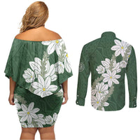 Ia Orana Tahiti Tiare Couples Matching Off Shoulder Short Dress and Long Sleeve Button Shirt Sage Green Lei LT7 - Polynesian Pride