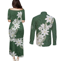 Ia Orana Tahiti Tiare Couples Matching Puletasi and Long Sleeve Button Shirt Sage Green Lei LT7 - Polynesian Pride