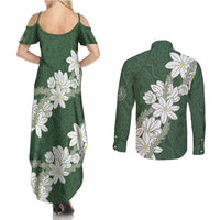 Ia Orana Tahiti Tiare Couples Matching Summer Maxi Dress and Long Sleeve Button Shirt Sage Green Lei LT7 - Polynesian Pride