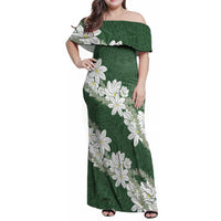 Ia Orana Tahiti Tiare Family Matching Off Shoulder Maxi Dress and Hawaiian Shirt Sage Green Lei LT7 Mom's Dress Sage Green - Polynesian Pride