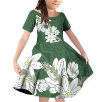Ia Orana Tahiti Tiare Family Matching Off Shoulder Short Dress and Hawaiian Shirt Sage Green Lei LT7 Daughter's Dress Sage Green - Polynesian Pride