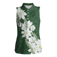 Ia Orana Tahiti Tiare Women Sleeveless Polo Shirt Sage Green Lei LT7 Female Sage Green - Polynesian Pride