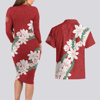 Ia Orana Tahiti Tiare Couples Matching Long Sleeve Bodycon Dress and Hawaiian Shirt Crimson Lei LT7 - Polynesian Pride