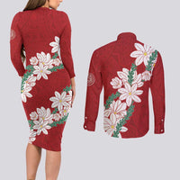 Ia Orana Tahiti Tiare Couples Matching Long Sleeve Bodycon Dress and Long Sleeve Button Shirt Crimson Lei LT7 - Polynesian Pride