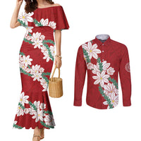 Ia Orana Tahiti Tiare Couples Matching Mermaid Dress and Long Sleeve Button Shirt Crimson Lei LT7 Red - Polynesian Pride