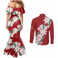 Ia Orana Tahiti Tiare Couples Matching Mermaid Dress and Long Sleeve Button Shirt Crimson Lei LT7 - Polynesian Pride