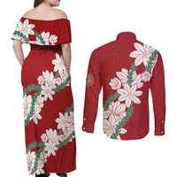 Ia Orana Tahiti Tiare Couples Matching Off Shoulder Maxi Dress and Long Sleeve Button Shirt Crimson Lei LT7 - Polynesian Pride