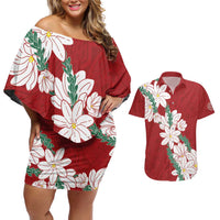 Ia Orana Tahiti Tiare Couples Matching Off Shoulder Short Dress and Hawaiian Shirt Crimson Lei LT7 Red - Polynesian Pride
