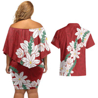 Ia Orana Tahiti Tiare Couples Matching Off Shoulder Short Dress and Hawaiian Shirt Crimson Lei LT7 - Polynesian Pride