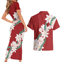 Ia Orana Tahiti Tiare Couples Matching Short Sleeve Bodycon Dress and Hawaiian Shirt Crimson Lei LT7 - Polynesian Pride