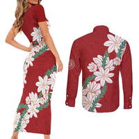 Ia Orana Tahiti Tiare Couples Matching Short Sleeve Bodycon Dress and Long Sleeve Button Shirt Crimson Lei LT7 - Polynesian Pride