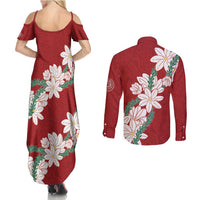 Ia Orana Tahiti Tiare Couples Matching Summer Maxi Dress and Long Sleeve Button Shirt Crimson Lei LT7 - Polynesian Pride