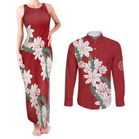 Ia Orana Tahiti Tiare Couples Matching Tank Maxi Dress and Long Sleeve Button Shirt Crimson Lei LT7 Red - Polynesian Pride