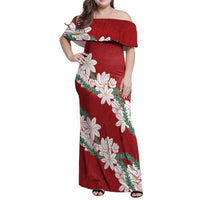 Ia Orana Tahiti Tiare Family Matching Off Shoulder Maxi Dress and Hawaiian Shirt Crimson Lei LT7 Mom's Dress Red - Polynesian Pride