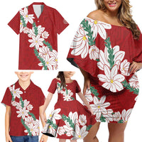 Ia Orana Tahiti Tiare Family Matching Off Shoulder Short Dress and Hawaiian Shirt Crimson Lei LT7 - Polynesian Pride