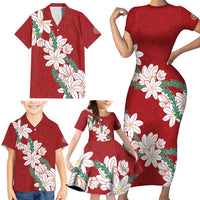 Ia Orana Tahiti Tiare Family Matching Short Sleeve Bodycon Dress and Hawaiian Shirt Crimson Lei LT7 - Polynesian Pride