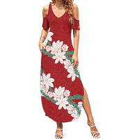 Ia Orana Tahiti Tiare Family Matching Summer Maxi Dress and Hawaiian Shirt Crimson Lei LT7 Mom's Dress Red - Polynesian Pride