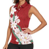 Ia Orana Tahiti Tiare Women Sleeveless Polo Shirt Crimson Lei LT7 - Polynesian Pride