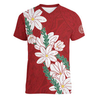 Ia Orana Tahiti Tiare Women V-Neck T-Shirt Crimson Lei LT7 Female Red - Polynesian Pride