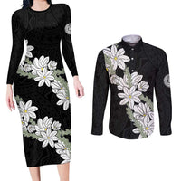 Ia Orana Tahiti Tiare Couples Matching Long Sleeve Bodycon Dress and Long Sleeve Button Shirt Black Lei LT7 Black - Polynesian Pride