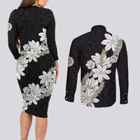 Ia Orana Tahiti Tiare Couples Matching Long Sleeve Bodycon Dress and Long Sleeve Button Shirt Black Lei LT7 - Polynesian Pride