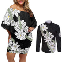 Ia Orana Tahiti Tiare Couples Matching Off Shoulder Short Dress and Long Sleeve Button Shirt Black Lei LT7 Black - Polynesian Pride