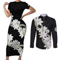 Ia Orana Tahiti Tiare Couples Matching Short Sleeve Bodycon Dress and Long Sleeve Button Shirt Black Lei LT7 Black - Polynesian Pride