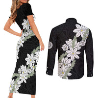 Ia Orana Tahiti Tiare Couples Matching Short Sleeve Bodycon Dress and Long Sleeve Button Shirt Black Lei LT7 - Polynesian Pride