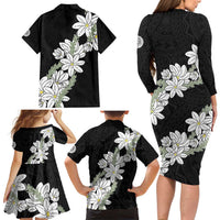 Ia Orana Tahiti Tiare Family Matching Long Sleeve Bodycon Dress and Hawaiian Shirt Black Lei LT7 - Polynesian Pride