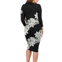 Ia Orana Tahiti Tiare Family Matching Long Sleeve Bodycon Dress and Hawaiian Shirt Black Lei LT7 - Polynesian Pride