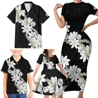 Ia Orana Tahiti Tiare Family Matching Short Sleeve Bodycon Dress and Hawaiian Shirt Black Lei LT7 - Polynesian Pride