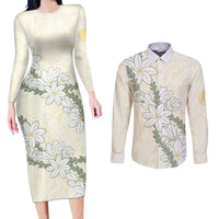 Ia Orana Tahiti Tiare Couples Matching Long Sleeve Bodycon Dress and Long Sleeve Button Shirt Lemon Yellow Lei LT7 Lemon - Polynesian Pride