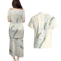 Ia Orana Tahiti Tiare Couples Matching Puletasi and Hawaiian Shirt Lemon Yellow Lei LT7 - Polynesian Pride