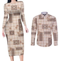 Hawaiian Quilt Tapa On Beige Palaka Motifs Couples Matching Long Sleeve Bodycon Dress and Long Sleeve Button Shirt LT7 Beige - Polynesian Pride