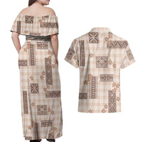 Hawaiian Quilt Tapa On Beige Palaka Motifs Couples Matching Off Shoulder Maxi Dress and Hawaiian Shirt LT7 - Polynesian Pride