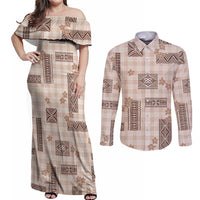 Hawaiian Quilt Tapa On Beige Palaka Motifs Couples Matching Off Shoulder Maxi Dress and Long Sleeve Button Shirt LT7 Beige - Polynesian Pride