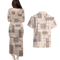 Hawaiian Quilt Tapa On Beige Palaka Motifs Couples Matching Puletasi and Hawaiian Shirt LT7 - Polynesian Pride