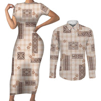 Hawaiian Quilt Tapa On Beige Palaka Motifs Couples Matching Short Sleeve Bodycon Dress and Long Sleeve Button Shirt LT7 Beige - Polynesian Pride