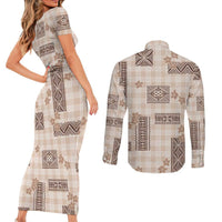 Hawaiian Quilt Tapa On Beige Palaka Motifs Couples Matching Short Sleeve Bodycon Dress and Long Sleeve Button Shirt LT7 - Polynesian Pride