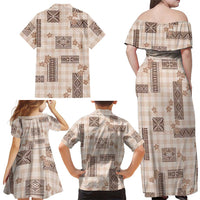 Hawaiian Quilt Tapa On Beige Palaka Motifs Family Matching Off Shoulder Maxi Dress and Hawaiian Shirt LT7 - Polynesian Pride