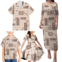 Hawaiian Quilt Tapa On Beige Palaka Motifs Family Matching Puletasi and Hawaiian Shirt LT7 - Polynesian Pride