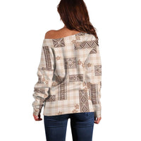 Hawaiian Quilt Tapa On Beige Palaka Motifs Off Shoulder Sweater