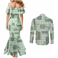 Hawaiian Quilt Tapa On Pastel Mint Palaka Motifs Couples Matching Mermaid Dress and Long Sleeve Button Shirt LT7 - Polynesian Pride