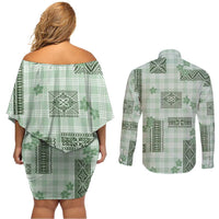 Hawaiian Quilt Tapa On Pastel Mint Palaka Motifs Couples Matching Off Shoulder Short Dress and Long Sleeve Button Shirt LT7 - Polynesian Pride